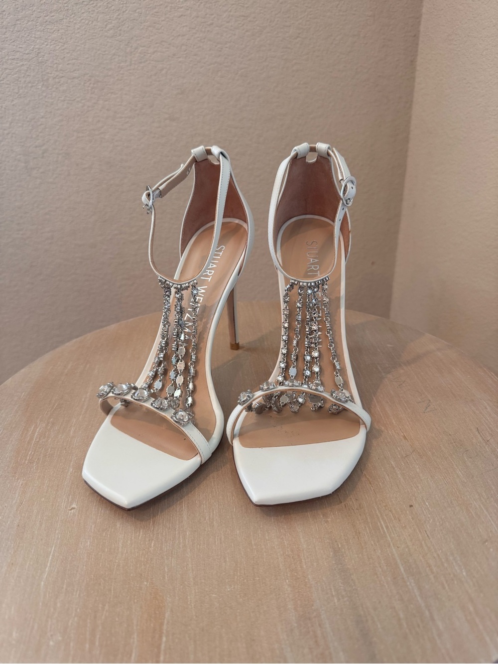 Stuart Weitzman White Crystal T-Strap Stiletto Sandals - Size 9.5 US - NWT